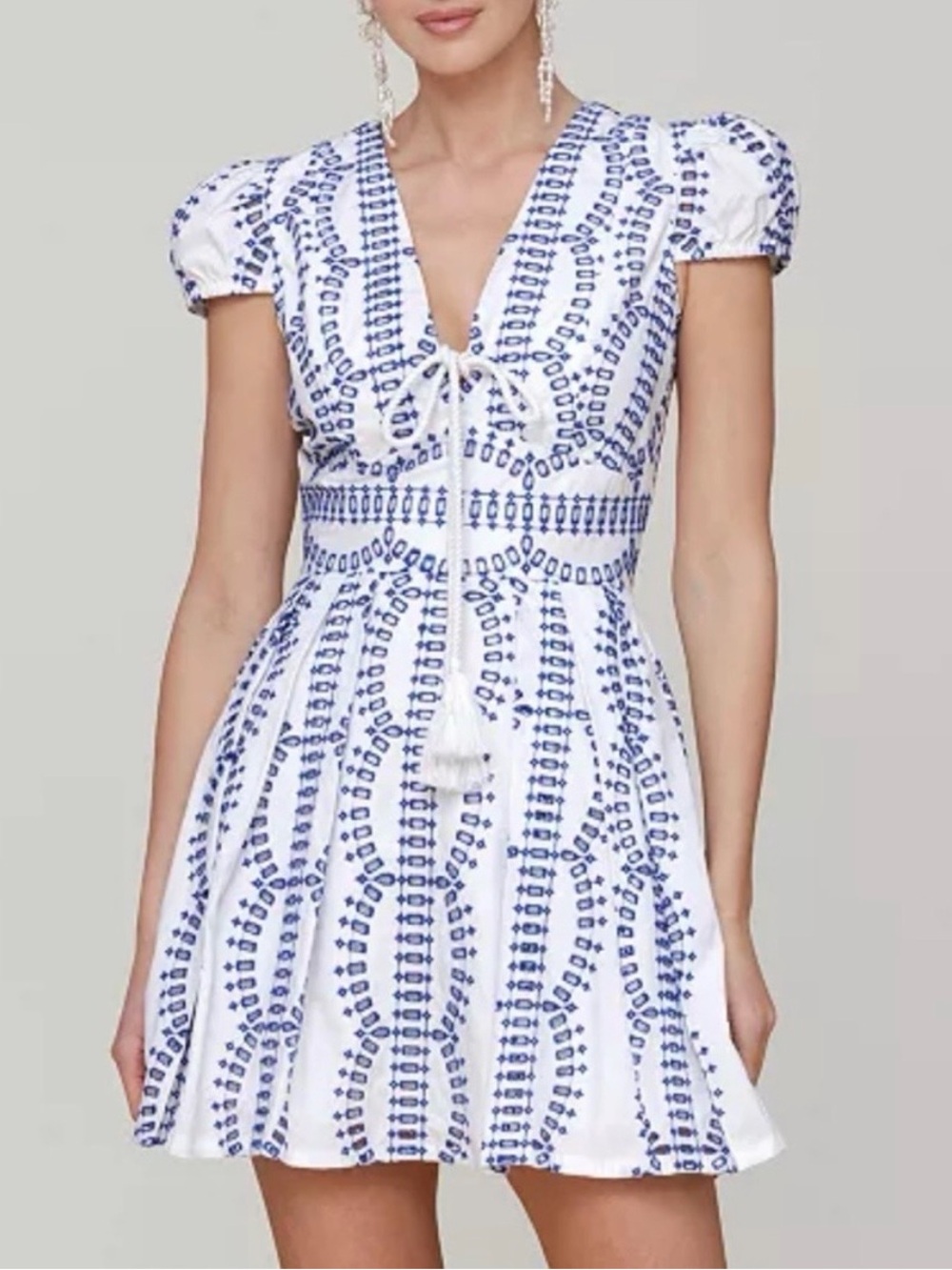 Avec Les Filles White and Blue Embroidered Tie-Front Mini Dress